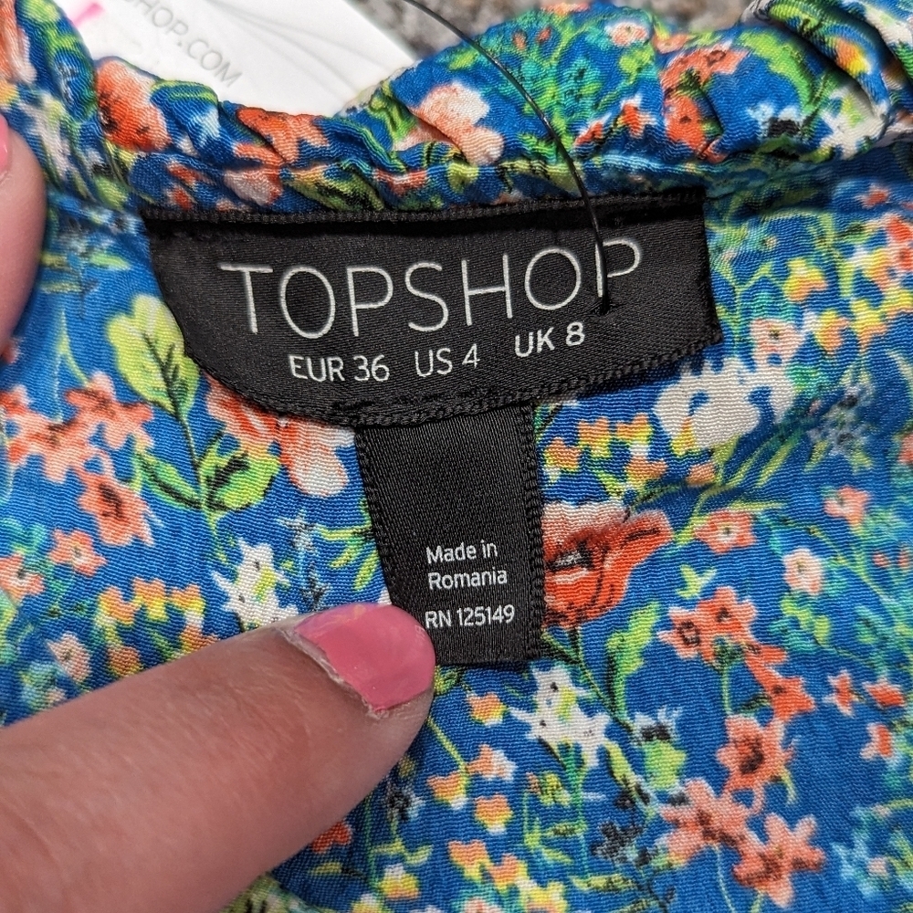 NWT Top Shop Wrap Blouse Blue Green Floral Top Ruffles Ties V Neck Size 4 - Picture 4 of 7